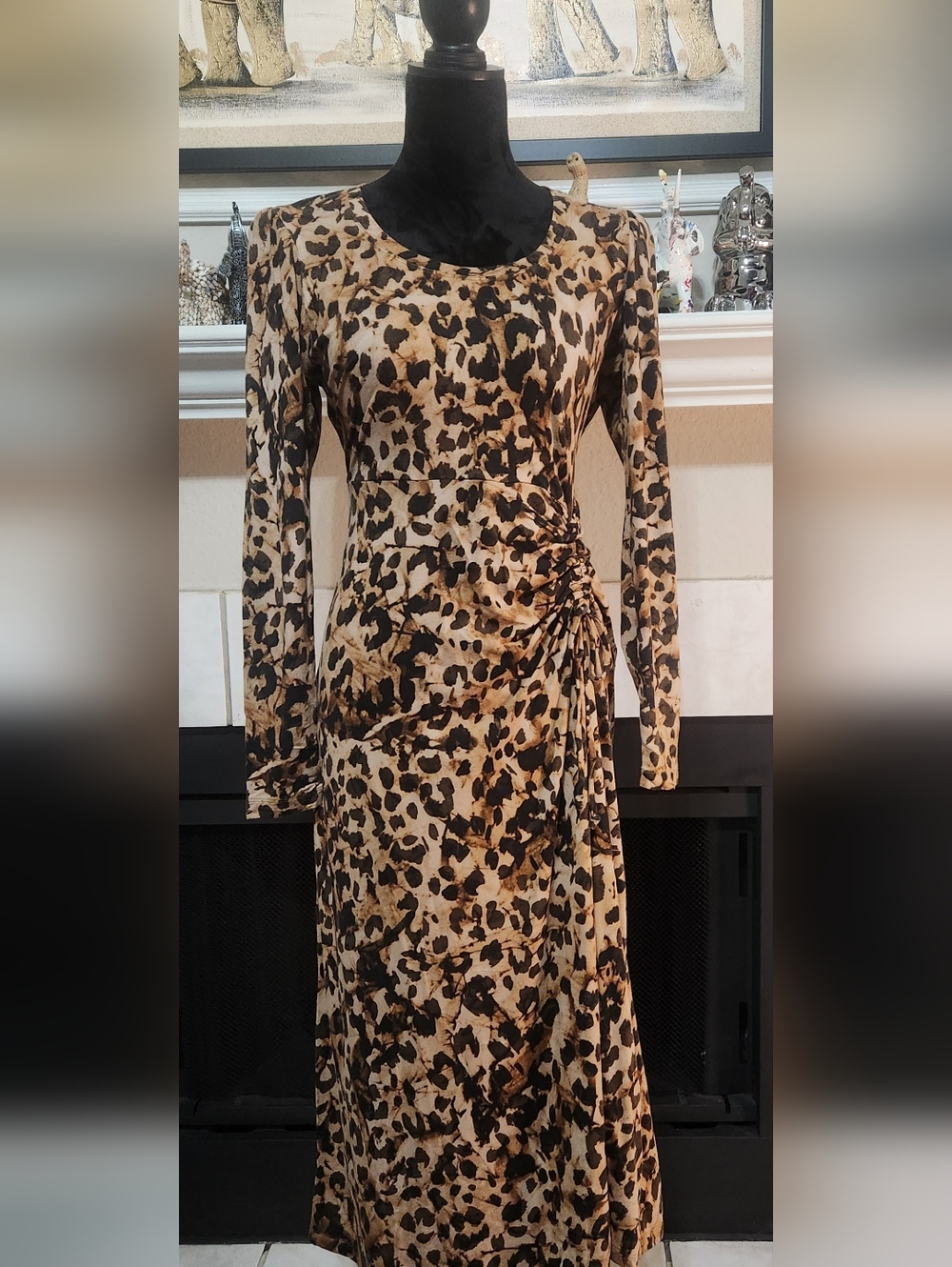 CAbi Leopard Print Long Sleeve Midi Dress - Beige/Brown/Black